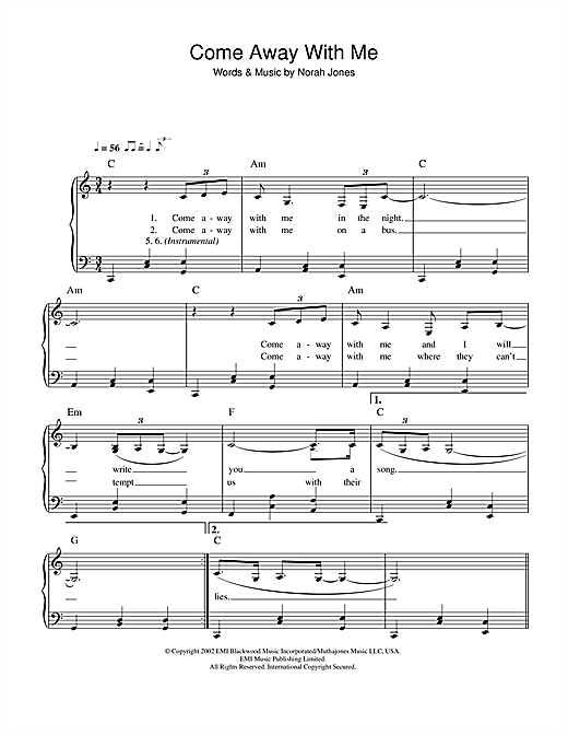 Preview Norah Jones Come Away With Me Pop sheet music, notes and chords for Easy Piano, SKU: 40226 sheet music, piano notes, chords, guitar tabs, score, transpose, transcribe, how to play, guide, download, learn, tutorial, progression, song, artist, awards, billboard, mtv, vh1, tour, single, album, release