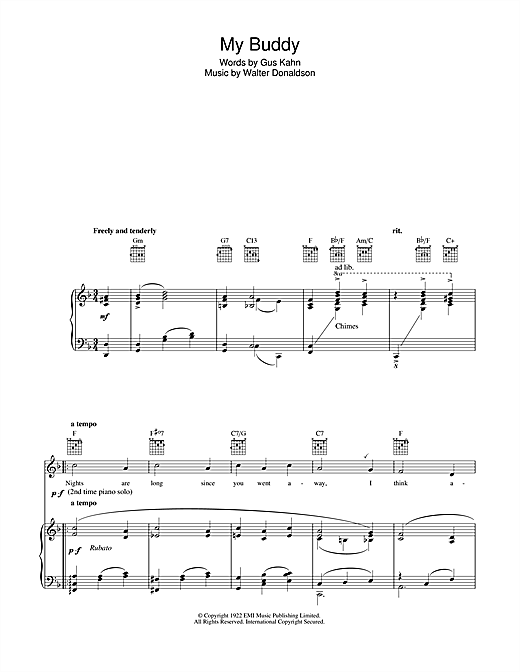 Preview Gus Kahn My Buddy Easy Listening sheet music, notes and chords for Piano, Vocal & Guitar (Right-Hand Melody), SKU: 40236 sheet music, piano notes, chords, guitar tabs, score, transpose, transcribe, how to play, guide, download, learn, tutorial, progression, song, artist, awards, billboard, mtv, vh1, tour, single, album, release