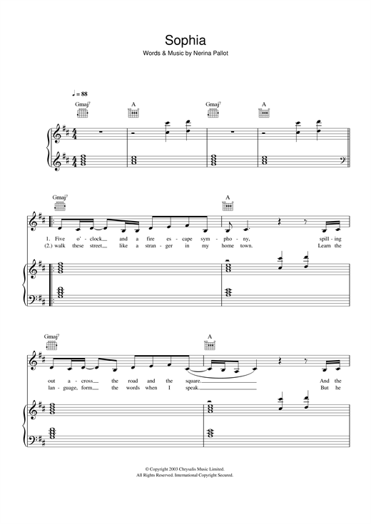 Preview Nerina Pallot Sophia Pop sheet music, notes and chords for Piano, Vocal & Guitar, SKU: 40237 sheet music, piano notes, chords, guitar tabs, score, transpose, transcribe, how to play, guide, download, learn, tutorial, progression, song, artist, awards, billboard, mtv, vh1, tour, single, album, release