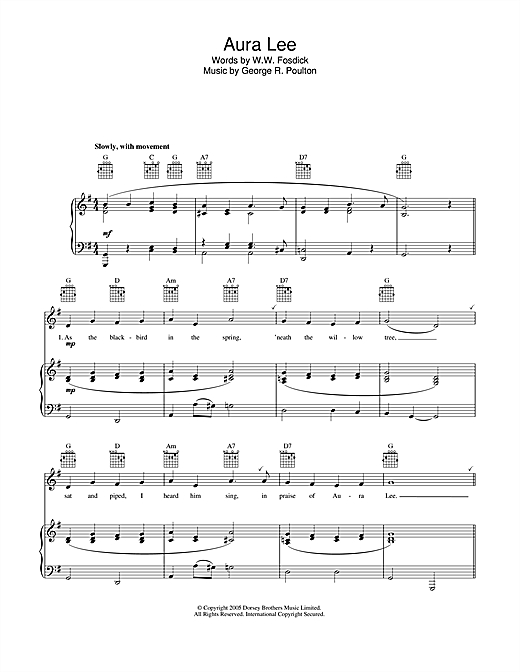 Preview George R. Poulton Aura Lee Traditional sheet music, notes and chords for Piano, Vocal & Guitar (Right-Hand Melody), SKU: 40238 sheet music, piano notes, chords, guitar tabs, score, transpose, transcribe, how to play, guide, download, learn, tutorial, progression, song, artist, awards, billboard, mtv, vh1, tour, single, album, release