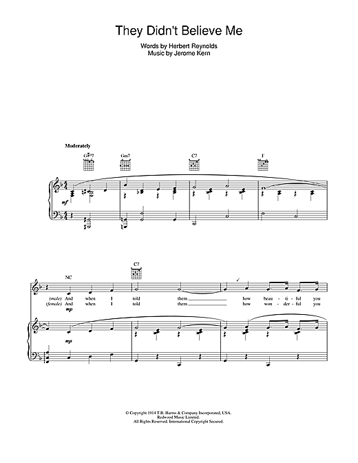 Preview Jerome Kern They Didn't Believe Me Easy Listening sheet music, notes and chords for Piano, Vocal & Guitar (Right-Hand Melody), SKU: 40239 sheet music, piano notes, chords, guitar tabs, score, transpose, transcribe, how to play, guide, download, learn, tutorial, progression, song, artist, awards, billboard, mtv, vh1, tour, single, album, release