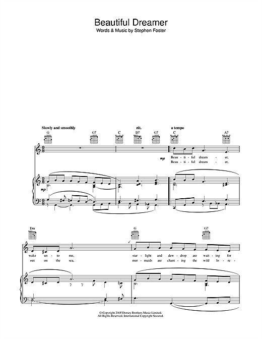 Preview Stephen Foster Beautiful Dreamer Traditional sheet music, notes and chords for Piano, Vocal & Guitar (Right-Hand Melody), SKU: 40241 sheet music, piano notes, chords, guitar tabs, score, transpose, transcribe, how to play, guide, download, learn, tutorial, progression, song, artist, awards, billboard, mtv, vh1, tour, single, album, release