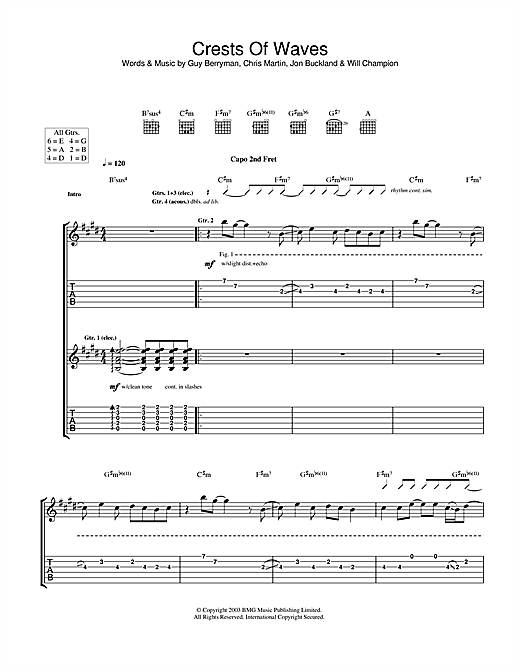 Preview Coldplay Crests Of Waves Rock sheet music, notes and chords for Guitar Tab, SKU: 40243 sheet music, piano notes, chords, guitar tabs, score, transpose, transcribe, how to play, guide, download, learn, tutorial, progression, song, artist, awards, billboard, mtv, vh1, tour, single, album, release