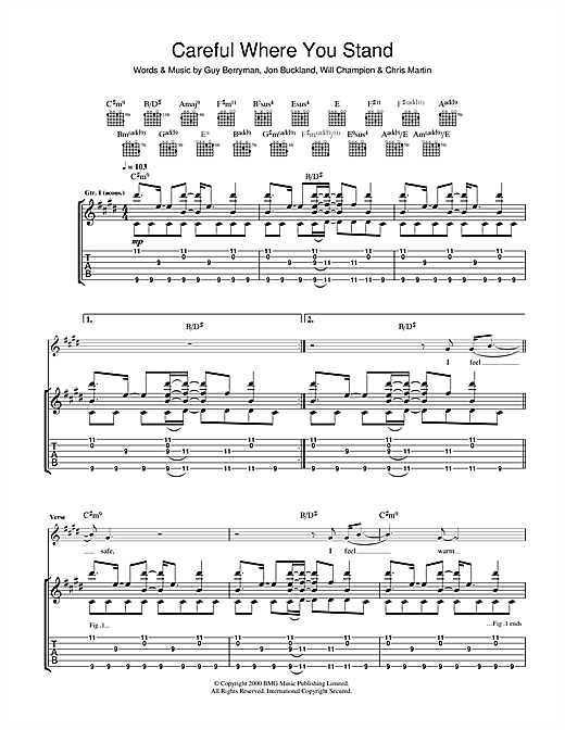 Preview Coldplay Careful Where You Stand Rock sheet music, notes and chords for Guitar Tab, SKU: 40247 sheet music, piano notes, chords, guitar tabs, score, transpose, transcribe, how to play, guide, download, learn, tutorial, progression, song, artist, awards, billboard, mtv, vh1, tour, single, album, release