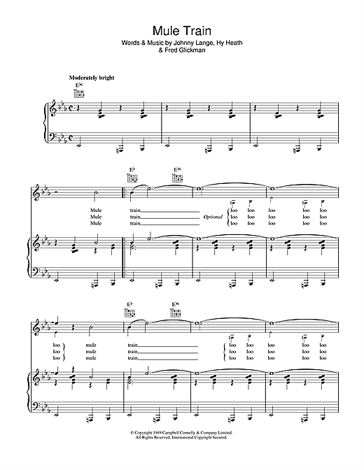 Preview Frankie Laine Mule Train Easy Listening sheet music, notes and chords for Piano, Vocal & Guitar (Right-Hand Melody), SKU: 40248 sheet music, piano notes, chords, guitar tabs, score, transpose, transcribe, how to play, guide, download, learn, tutorial, progression, song, artist, awards, billboard, mtv, vh1, tour, single, album, release
