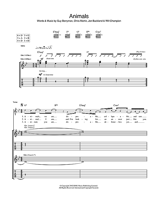 Preview Coldplay Animals Rock sheet music, notes and chords for Guitar Tab, SKU: 40249 sheet music, piano notes, chords, guitar tabs, score, transpose, transcribe, how to play, guide, download, learn, tutorial, progression, song, artist, awards, billboard, mtv, vh1, tour, single, album, release