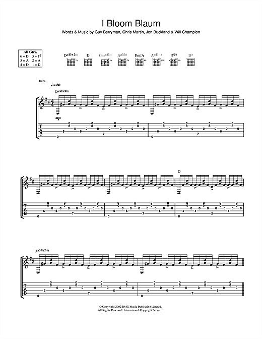 Preview Coldplay I Bloom Blaum Rock sheet music, notes and chords for Guitar Tab, SKU: 40253 sheet music, piano notes, chords, guitar tabs, score, transpose, transcribe, how to play, guide, download, learn, tutorial, progression, song, artist, awards, billboard, mtv, vh1, tour, single, album, release