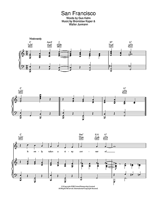 Preview Bronislaw Kaper San Francisco Jazz sheet music, notes and chords for Piano, Vocal & Guitar (Right-Hand Melody), SKU: 40260 sheet music, piano notes, chords, guitar tabs, score, transpose, transcribe, how to play, guide, download, learn, tutorial, progression, song, artist, awards, billboard, mtv, vh1, tour, single, album, release