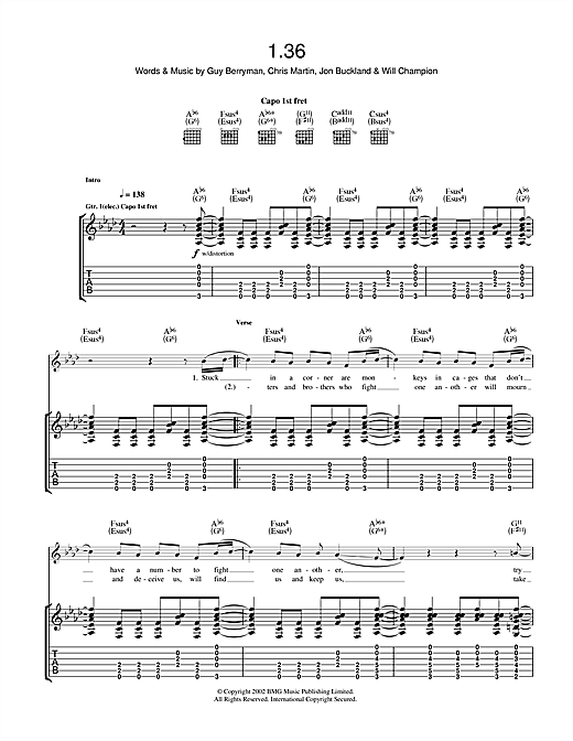 Preview Coldplay 1.36 Rock sheet music, notes and chords for Guitar Tab, SKU: 40262 sheet music, piano notes, chords, guitar tabs, score, transpose, transcribe, how to play, guide, download, learn, tutorial, progression, song, artist, awards, billboard, mtv, vh1, tour, single, album, release