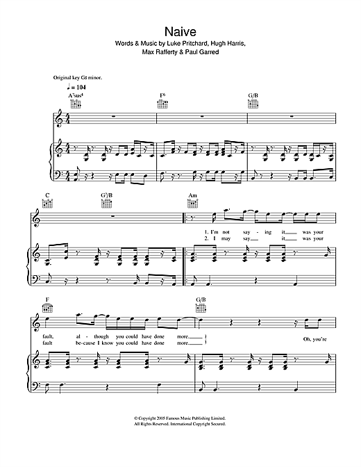 Preview The Kooks Naive Rock sheet music, notes and chords for Piano, Vocal & Guitar, SKU: 40263 sheet music, piano notes, chords, guitar tabs, score, transpose, transcribe, how to play, guide, download, learn, tutorial, progression, song, artist, awards, billboard, mtv, vh1, tour, single, album, release