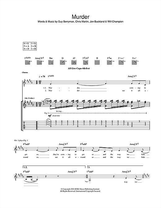 Preview Coldplay Murder Rock sheet music, notes and chords for Guitar Tab, SKU: 40265 sheet music, piano notes, chords, guitar tabs, score, transpose, transcribe, how to play, guide, download, learn, tutorial, progression, song, artist, awards, billboard, mtv, vh1, tour, single, album, release