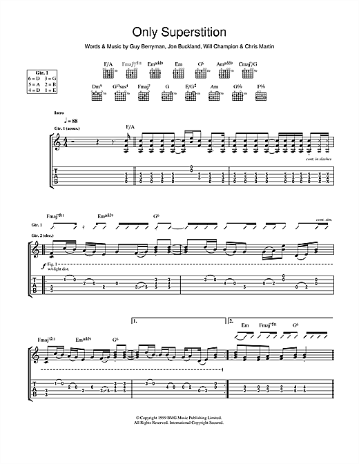 Preview Coldplay Only Superstition Rock sheet music, notes and chords for Guitar Tab, SKU: 40266 sheet music, piano notes, chords, guitar tabs, score, transpose, transcribe, how to play, guide, download, learn, tutorial, progression, song, artist, awards, billboard, mtv, vh1, tour, single, album, release