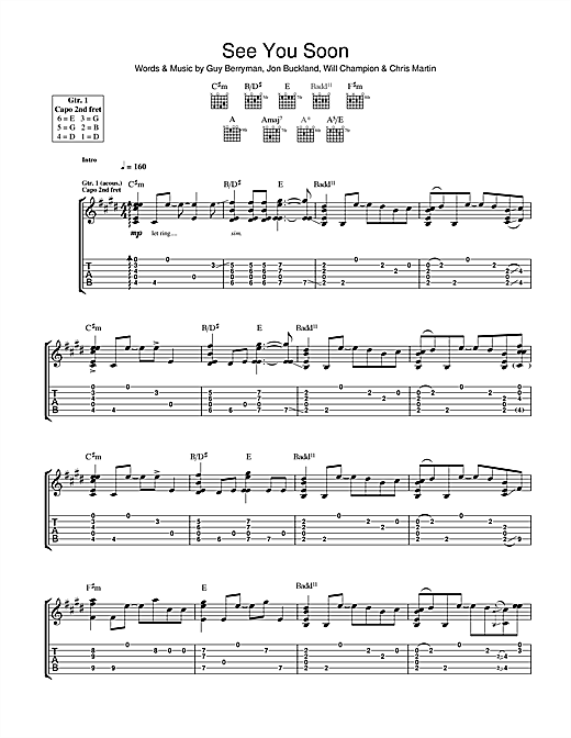 Preview Coldplay See You Soon Rock sheet music, notes and chords for Guitar Tab, SKU: 40271 sheet music, piano notes, chords, guitar tabs, score, transpose, transcribe, how to play, guide, download, learn, tutorial, progression, song, artist, awards, billboard, mtv, vh1, tour, single, album, release