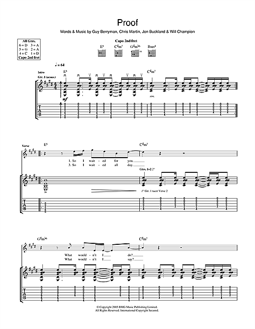 Preview Coldplay Proof Rock sheet music, notes and chords for Guitar Tab, SKU: 40272 sheet music, piano notes, chords, guitar tabs, score, transpose, transcribe, how to play, guide, download, learn, tutorial, progression, song, artist, awards, billboard, mtv, vh1, tour, single, album, release