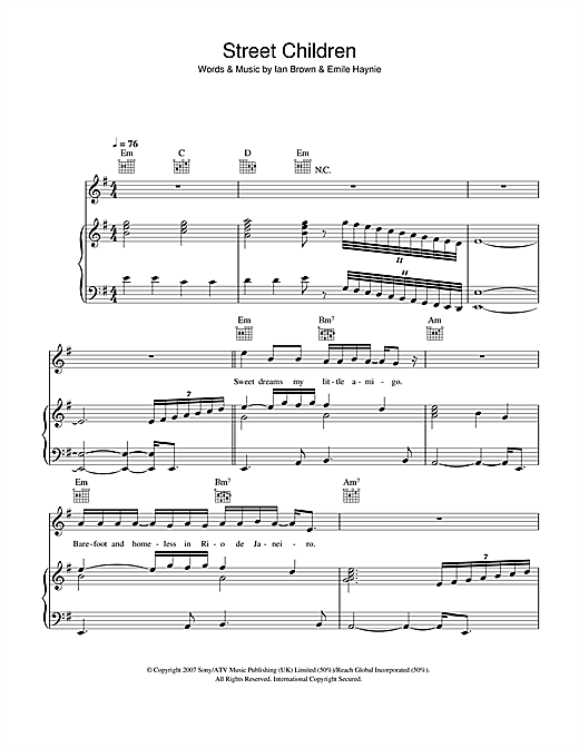 Preview Ian Brown Street Children Rock sheet music, notes and chords for Piano, Vocal & Guitar, SKU: 40274 sheet music, piano notes, chords, guitar tabs, score, transpose, transcribe, how to play, guide, download, learn, tutorial, progression, song, artist, awards, billboard, mtv, vh1, tour, single, album, release