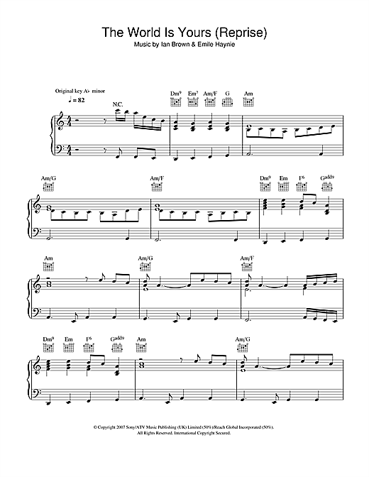 Preview Ian Brown The World Is Yours (Reprise) Rock sheet music, notes and chords for Piano, Vocal & Guitar, SKU: 40277 sheet music, piano notes, chords, guitar tabs, score, transpose, transcribe, how to play, guide, download, learn, tutorial, progression, song, artist, awards, billboard, mtv, vh1, tour, single, album, release