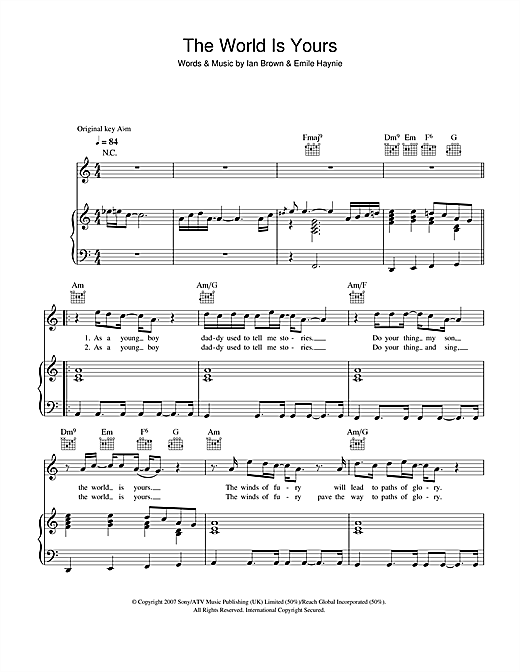 Preview Ian Brown The World Is Yours Rock sheet music, notes and chords for Piano, Vocal & Guitar, SKU: 40278 sheet music, piano notes, chords, guitar tabs, score, transpose, transcribe, how to play, guide, download, learn, tutorial, progression, song, artist, awards, billboard, mtv, vh1, tour, single, album, release