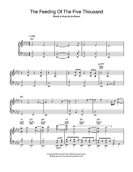 Preview Ian Brown The Feeding Of The Five Thousand Rock sheet music, notes and chords for Piano, Vocal & Guitar, SKU: 40279 sheet music, piano notes, chords, guitar tabs, score, transpose, transcribe, how to play, guide, download, learn, tutorial, progression, song, artist, awards, billboard, mtv, vh1, tour, single, album, release