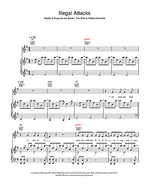 Preview Ian Brown Illegal Attacks Rock sheet music, notes and chords for Piano, Vocal & Guitar, SKU: 40284 sheet music, piano notes, chords, guitar tabs, score, transpose, transcribe, how to play, guide, download, learn, tutorial, progression, song, artist, awards, billboard, mtv, vh1, tour, single, album, release