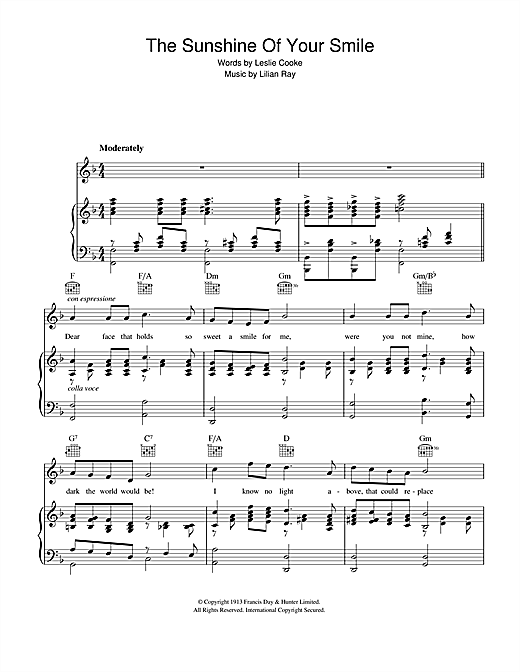 Preview Leslie Cooke The Sunshine Of Your Smile Easy Listening sheet music, notes and chords for Piano, Vocal & Guitar, SKU: 40293 sheet music, piano notes, chords, guitar tabs, score, transpose, transcribe, how to play, guide, download, learn, tutorial, progression, song, artist, awards, billboard, mtv, vh1, tour, single, album, release