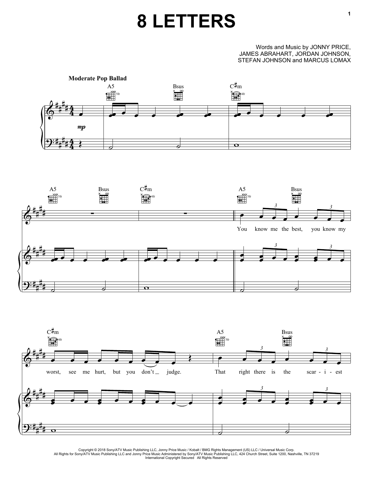 Preview Why Don't We 8 Letters Pop sheet music, notes and chords for Piano, Vocal & Guitar (Right-Hand Melody), SKU: 402954 sheet music, piano notes, chords, guitar tabs, score, transpose, transcribe, how to play, guide, download, learn, tutorial, progression, song, artist, awards, billboard, mtv, vh1, tour, single, album, release