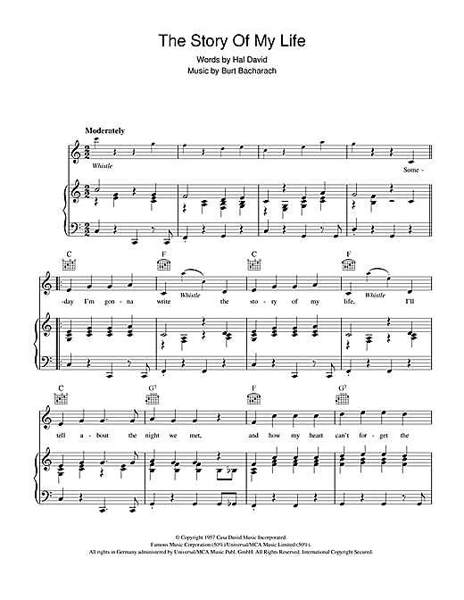 Preview Burt Bacharach The Story Of My Life Easy Listening sheet music, notes and chords for Piano, Vocal & Guitar, SKU: 40295 sheet music, piano notes, chords, guitar tabs, score, transpose, transcribe, how to play, guide, download, learn, tutorial, progression, song, artist, awards, billboard, mtv, vh1, tour, single, album, release