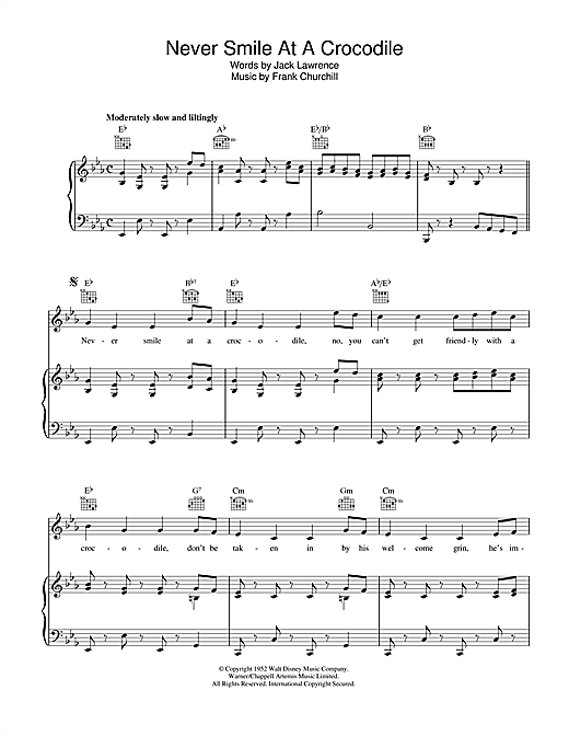 Preview Jack Lawrence Never Smile At A Crocodile Easy Listening sheet music, notes and chords for Piano, Vocal & Guitar (Right-Hand Melody), SKU: 40296 sheet music, piano notes, chords, guitar tabs, score, transpose, transcribe, how to play, guide, download, learn, tutorial, progression, song, artist, awards, billboard, mtv, vh1, tour, single, album, release