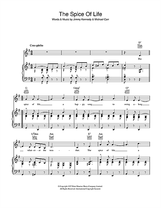 Preview Jimmy Kennedy The Spice Of Life Easy Listening sheet music, notes and chords for Piano, Vocal & Guitar, SKU: 40297 sheet music, piano notes, chords, guitar tabs, score, transpose, transcribe, how to play, guide, download, learn, tutorial, progression, song, artist, awards, billboard, mtv, vh1, tour, single, album, release