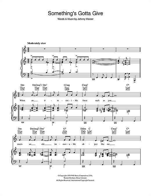 Preview Johnny Mercer Something's Gotta Give Jazz sheet music, notes and chords for Piano, Vocal & Guitar, SKU: 40300 sheet music, piano notes, chords, guitar tabs, score, transpose, transcribe, how to play, guide, download, learn, tutorial, progression, song, artist, awards, billboard, mtv, vh1, tour, single, album, release