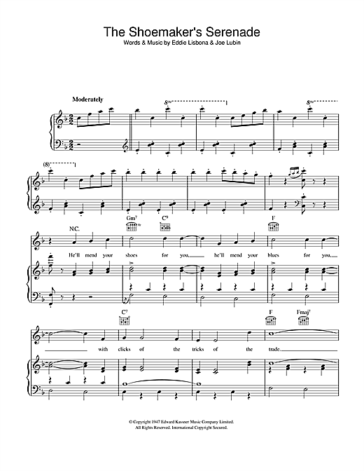 Preview Joe Lubin The Shoemaker's Serenade Easy Listening sheet music, notes and chords for Piano, Vocal & Guitar, SKU: 40304 sheet music, piano notes, chords, guitar tabs, score, transpose, transcribe, how to play, guide, download, learn, tutorial, progression, song, artist, awards, billboard, mtv, vh1, tour, single, album, release