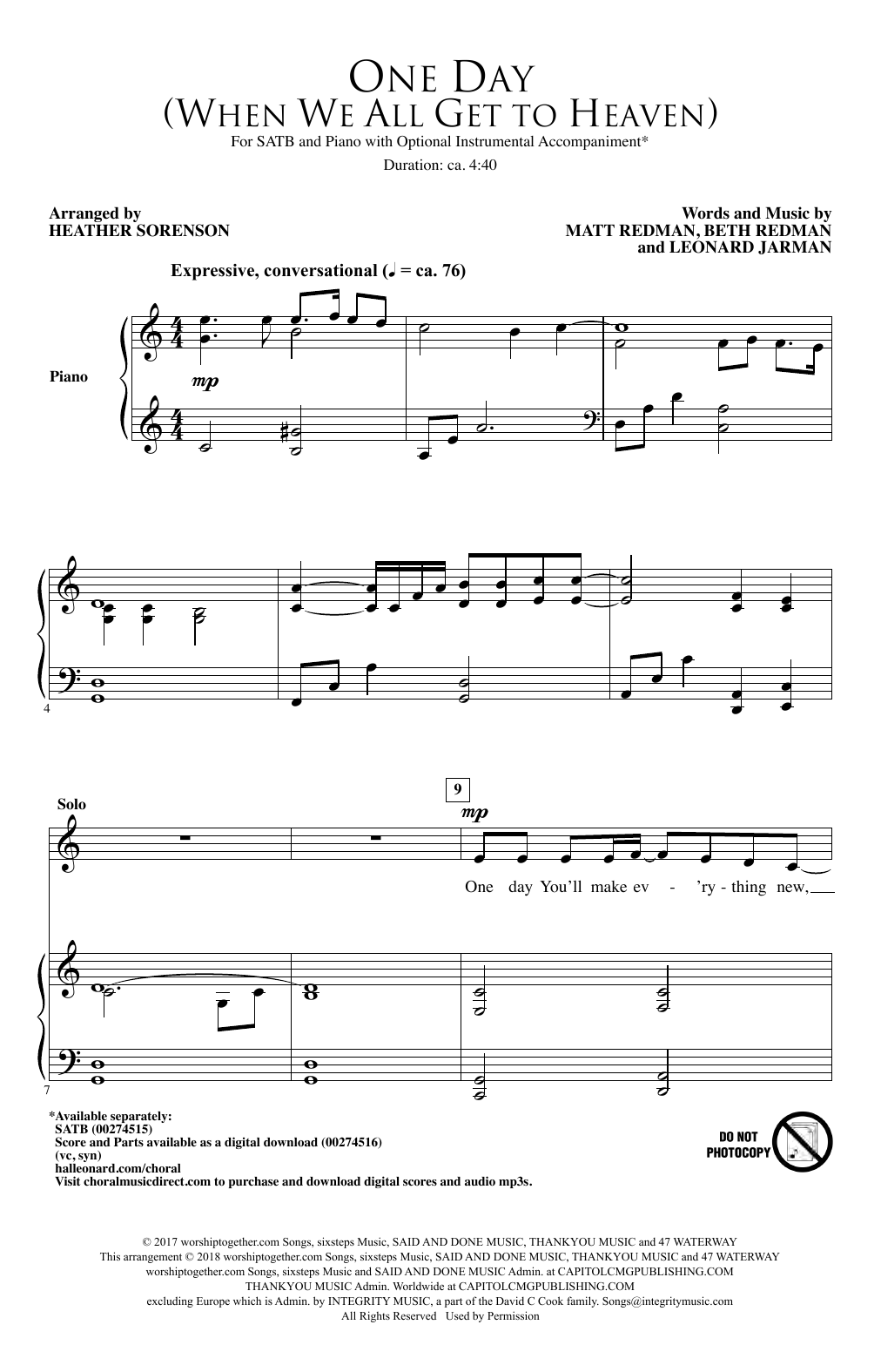 Preview Matt Redman One Day (When We All Get To Heaven) (Arr. Heather Sorenson) Sacred sheet music, notes and chords for Choral, SKU: 403100 sheet music, piano notes, chords, guitar tabs, score, transpose, transcribe, how to play, guide, download, learn, tutorial, progression, song, artist, awards, billboard, mtv, vh1, tour, single, album, release