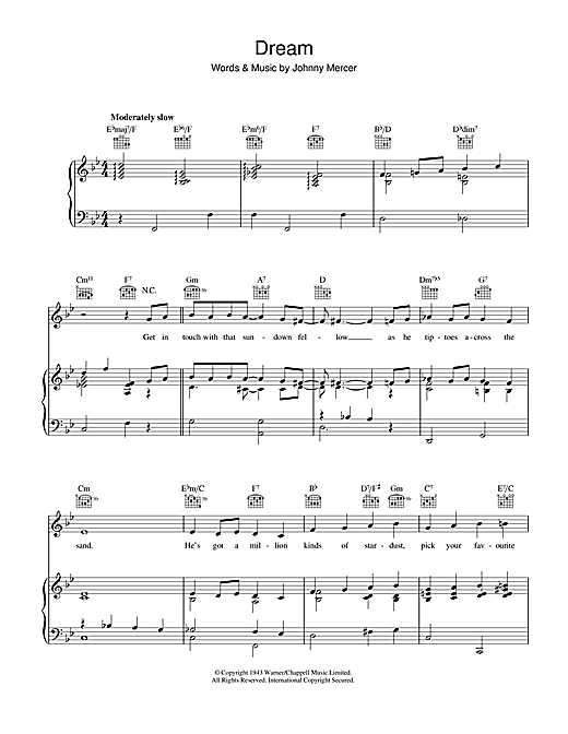 Preview Johnny Mercer Dream Jazz sheet music, notes and chords for Piano, Vocal & Guitar (Right-Hand Melody), SKU: 40314 sheet music, piano notes, chords, guitar tabs, score, transpose, transcribe, how to play, guide, download, learn, tutorial, progression, song, artist, awards, billboard, mtv, vh1, tour, single, album, release