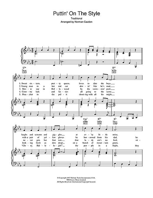 Preview Norman Cazden Puttin' On The Style Easy Listening sheet music, notes and chords for Piano, Vocal & Guitar, SKU: 40322 sheet music, piano notes, chords, guitar tabs, score, transpose, transcribe, how to play, guide, download, learn, tutorial, progression, song, artist, awards, billboard, mtv, vh1, tour, single, album, release