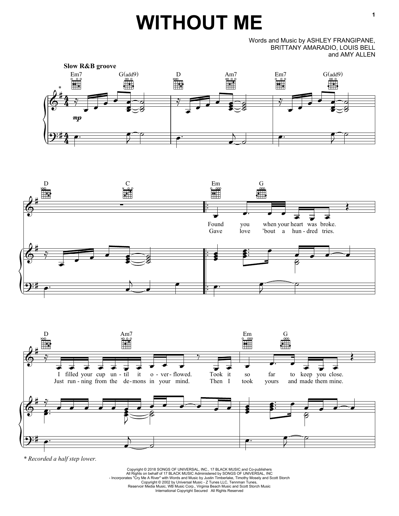 Preview Halsey Without Me Pop sheet music, notes and chords for Piano, Vocal & Guitar (Right-Hand Melody), SKU: 403234 sheet music, piano notes, chords, guitar tabs, score, transpose, transcribe, how to play, guide, download, learn, tutorial, progression, song, artist, awards, billboard, mtv, vh1, tour, single, album, release