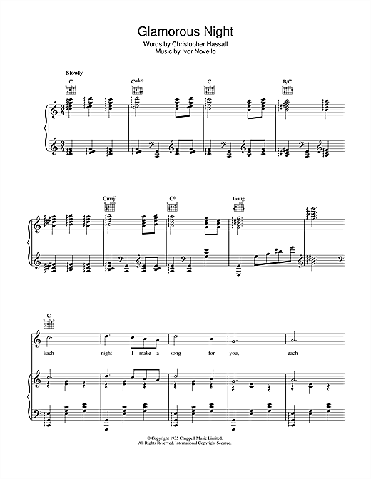 Preview Ivor Novello Glamorous Night Easy Listening sheet music, notes and chords for Piano, Vocal & Guitar (Right-Hand Melody), SKU: 40327 sheet music, piano notes, chords, guitar tabs, score, transpose, transcribe, how to play, guide, download, learn, tutorial, progression, song, artist, awards, billboard, mtv, vh1, tour, single, album, release