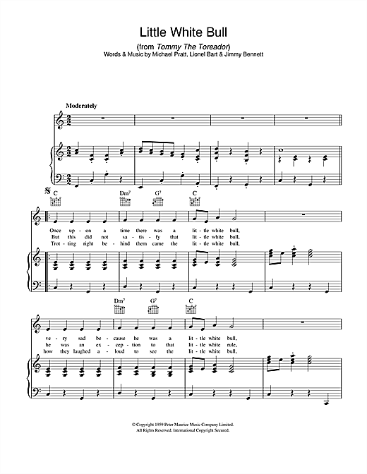 Preview Jimmy Bennett Little White Bull (from Tommy The Toreador) Easy Listening sheet music, notes and chords for Piano, Vocal & Guitar, SKU: 40330 sheet music, piano notes, chords, guitar tabs, score, transpose, transcribe, how to play, guide, download, learn, tutorial, progression, song, artist, awards, billboard, mtv, vh1, tour, single, album, release