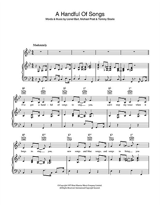 Preview Lionel Bart A Handful Of Songs Easy Listening sheet music, notes and chords for Piano, Vocal & Guitar, SKU: 40333 sheet music, piano notes, chords, guitar tabs, score, transpose, transcribe, how to play, guide, download, learn, tutorial, progression, song, artist, awards, billboard, mtv, vh1, tour, single, album, release