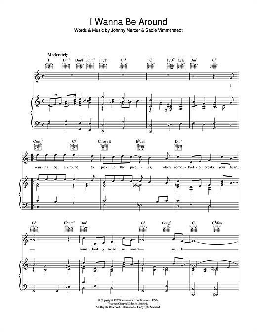 Preview Johnny Mercer I Wanna Be Around Jazz sheet music, notes and chords for Piano, Vocal & Guitar (Right-Hand Melody), SKU: 40336 sheet music, piano notes, chords, guitar tabs, score, transpose, transcribe, how to play, guide, download, learn, tutorial, progression, song, artist, awards, billboard, mtv, vh1, tour, single, album, release