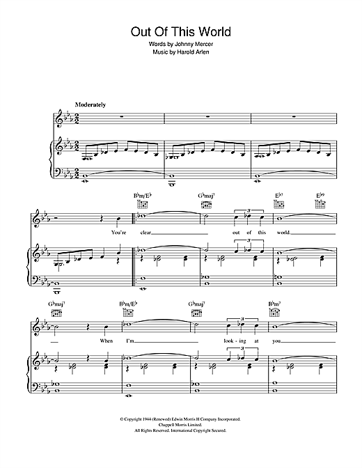 Preview Johnny Mercer Out Of This World Jazz sheet music, notes and chords for Piano, Vocal & Guitar, SKU: 40349 sheet music, piano notes, chords, guitar tabs, score, transpose, transcribe, how to play, guide, download, learn, tutorial, progression, song, artist, awards, billboard, mtv, vh1, tour, single, album, release