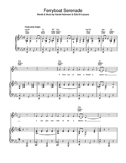 Preview Harold Adamson Ferryboat Serenade Easy Listening sheet music, notes and chords for Piano, Vocal & Guitar (Right-Hand Melody), SKU: 40352 sheet music, piano notes, chords, guitar tabs, score, transpose, transcribe, how to play, guide, download, learn, tutorial, progression, song, artist, awards, billboard, mtv, vh1, tour, single, album, release