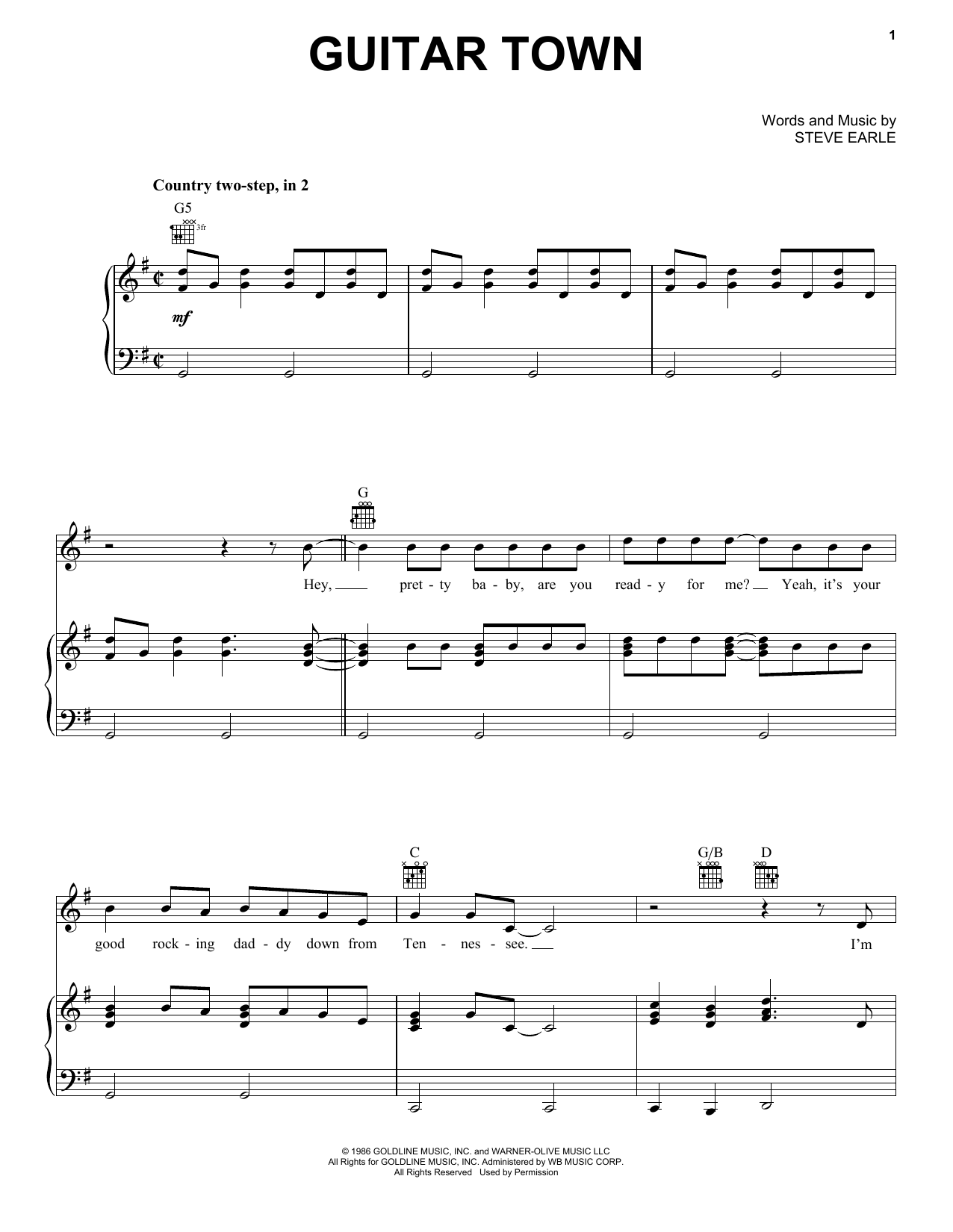 Preview Steve Earle Guitar Town Country sheet music, notes and chords for Piano, Vocal & Guitar (Right-Hand Melody), SKU: 403561 sheet music, piano notes, chords, guitar tabs, score, transpose, transcribe, how to play, guide, download, learn, tutorial, progression, song, artist, awards, billboard, mtv, vh1, tour, single, album, release