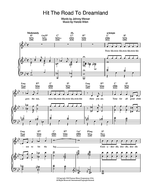 Preview Johnny Mercer Hit The Road To Dreamland Jazz sheet music, notes and chords for Piano, Vocal & Guitar (Right-Hand Melody), SKU: 40357 sheet music, piano notes, chords, guitar tabs, score, transpose, transcribe, how to play, guide, download, learn, tutorial, progression, song, artist, awards, billboard, mtv, vh1, tour, single, album, release
