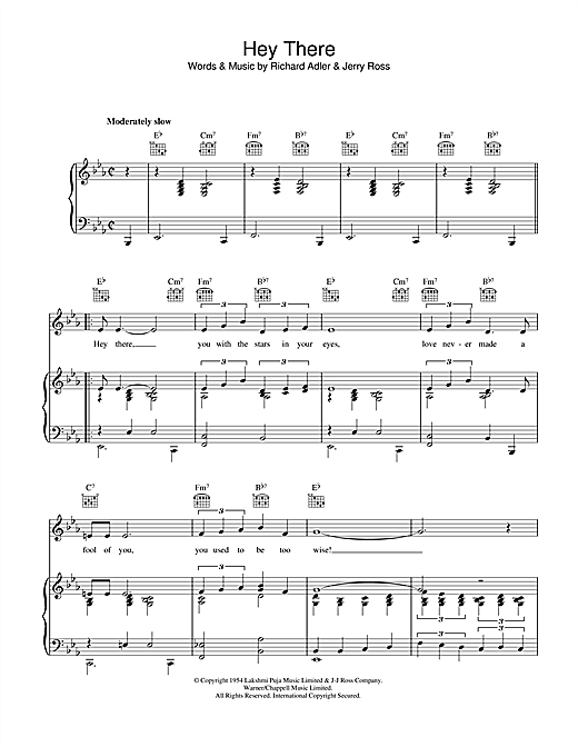 Preview Richard Adler Hey There Easy Listening sheet music, notes and chords for Piano, Vocal & Guitar (Right-Hand Melody), SKU: 40361 sheet music, piano notes, chords, guitar tabs, score, transpose, transcribe, how to play, guide, download, learn, tutorial, progression, song, artist, awards, billboard, mtv, vh1, tour, single, album, release