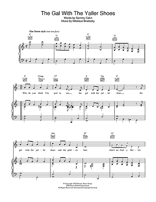 Preview Sammy Cahn The Gal With The Yaller Shoes Easy Listening sheet music, notes and chords for Piano, Vocal & Guitar (Right-Hand Melody), SKU: 40371 sheet music, piano notes, chords, guitar tabs, score, transpose, transcribe, how to play, guide, download, learn, tutorial, progression, song, artist, awards, billboard, mtv, vh1, tour, single, album, release