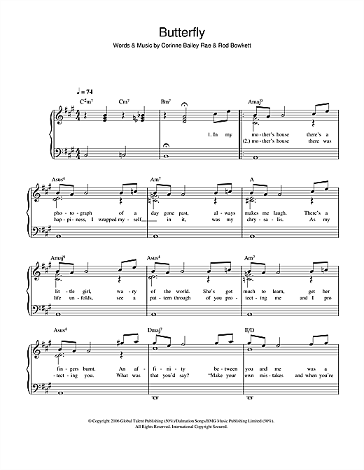 Preview Corinne Bailey Rae Butterfly R & B sheet music, notes and chords for Easy Piano, SKU: 40372 sheet music, piano notes, chords, guitar tabs, score, transpose, transcribe, how to play, guide, download, learn, tutorial, progression, song, artist, awards, billboard, mtv, vh1, tour, single, album, release