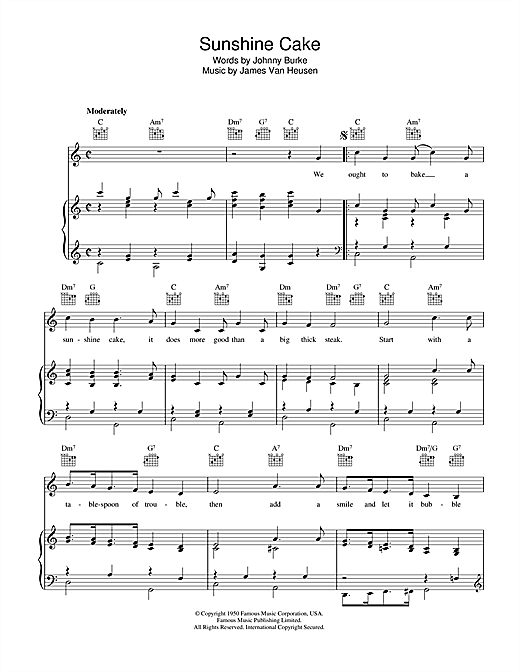 Preview Johnny Burke Sunshine Cake Easy Listening sheet music, notes and chords for Piano, Vocal & Guitar (Right-Hand Melody), SKU: 40380 sheet music, piano notes, chords, guitar tabs, score, transpose, transcribe, how to play, guide, download, learn, tutorial, progression, song, artist, awards, billboard, mtv, vh1, tour, single, album, release
