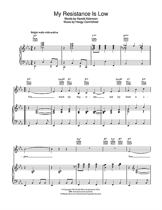Preview Hoagy Carmichael My Resistance Is Low Jazz sheet music, notes and chords for Piano, Vocal & Guitar (Right-Hand Melody), SKU: 40382 sheet music, piano notes, chords, guitar tabs, score, transpose, transcribe, how to play, guide, download, learn, tutorial, progression, song, artist, awards, billboard, mtv, vh1, tour, single, album, release