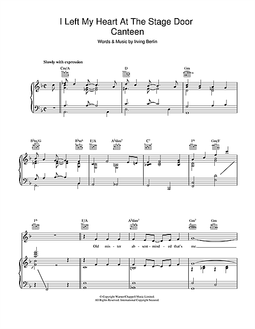 Preview Irving Berlin I Left My Heart At The Stage Door Canteen Easy Listening sheet music, notes and chords for Piano, Vocal & Guitar (Right-Hand Melody), SKU: 40386 sheet music, piano notes, chords, guitar tabs, score, transpose, transcribe, how to play, guide, download, learn, tutorial, progression, song, artist, awards, billboard, mtv, vh1, tour, single, album, release