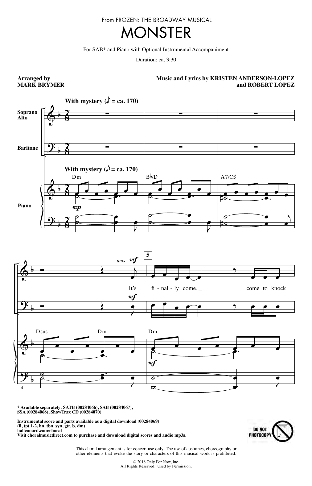 Preview Kristen Anderson-Lopez & Robert Lopez Monster (from Frozen: The Broadway Musical) (arr. Mark Brymer) Broadway sheet music, notes and chords for SAB Choir, SKU: 403872 sheet music, piano notes, chords, guitar tabs, score, transpose, transcribe, how to play, guide, download, learn, tutorial, progression, song, artist, awards, billboard, mtv, vh1, tour, single, album, release