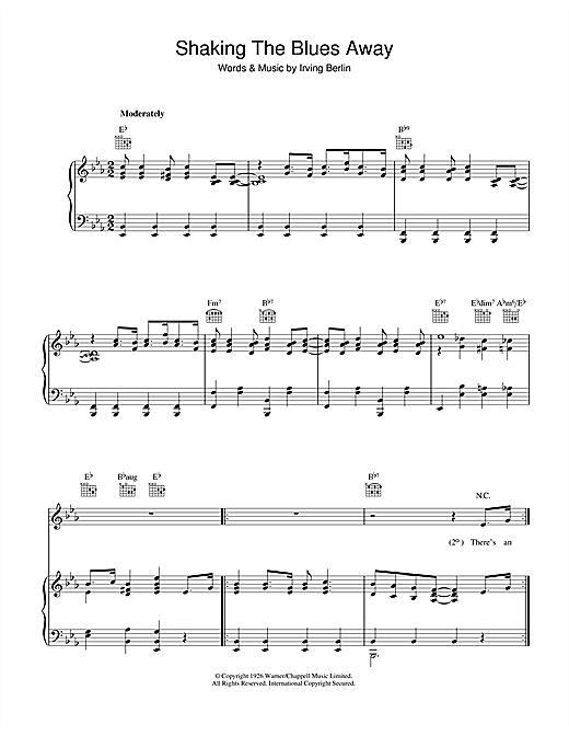 Preview Irving Berlin Shaking The Blues Away Easy Listening sheet music, notes and chords for Piano, Vocal & Guitar (Right-Hand Melody), SKU: 40389 sheet music, piano notes, chords, guitar tabs, score, transpose, transcribe, how to play, guide, download, learn, tutorial, progression, song, artist, awards, billboard, mtv, vh1, tour, single, album, release